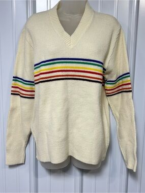 Vintage Montgomery Ward V-neck Sweater Retro Rainbow Stripes Ribbed Knit 80s/90s